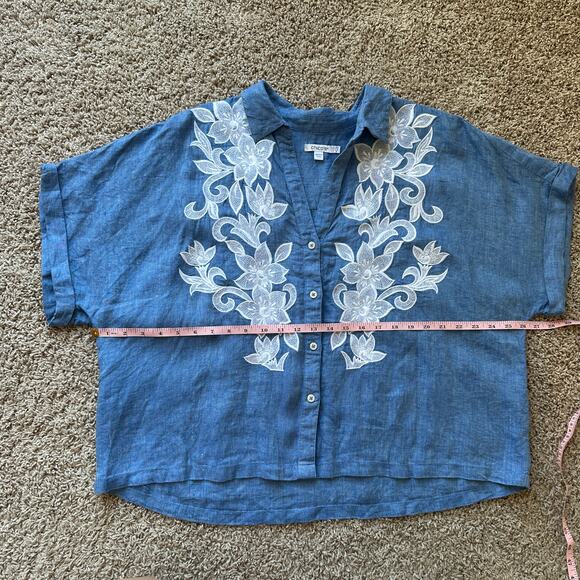 Chico's 100% blue linen emroidered applique lace, dolman sleeves, size 14 - Picture 5 of 7